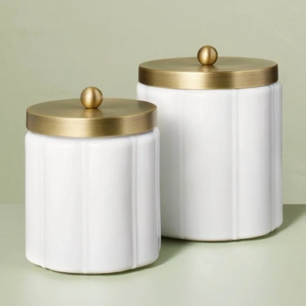 HEARTH & HAND NWT milk glass bath canister -white/gold -large